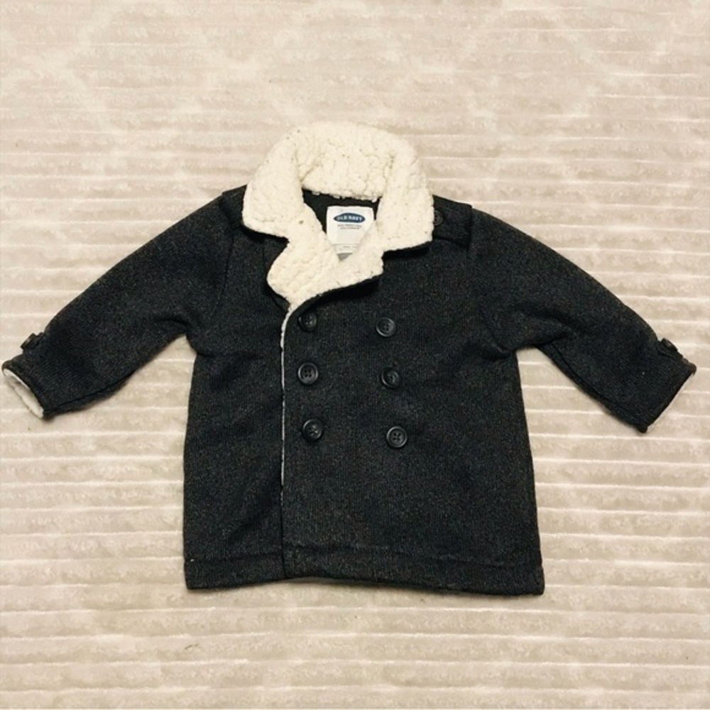Old Navy Gray Knit Double Breasted Pea Coat Sherpa Collar Toddler size 3-6 month